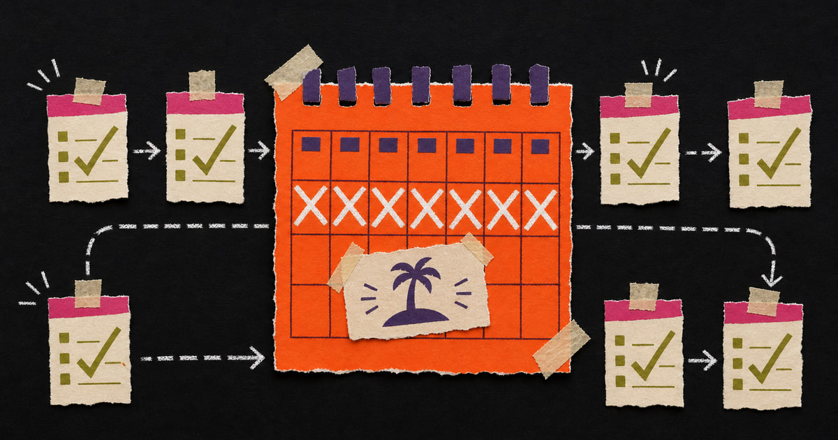 Een papieren kalender met de bouwvakweek weggestreept, terwijl de checks eromheen gewoon doorlopen.