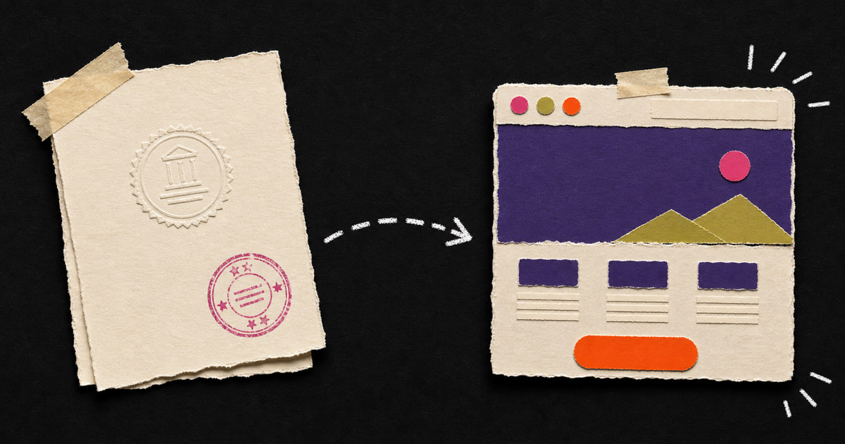 Een papieren inschrijving met zegel en stempel, naast een eerste simpele website.