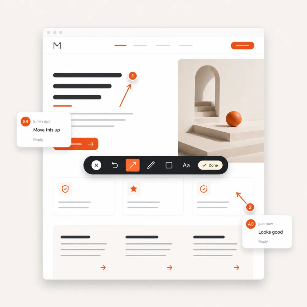 New website in the browser with visual feedback comments and annotation tools