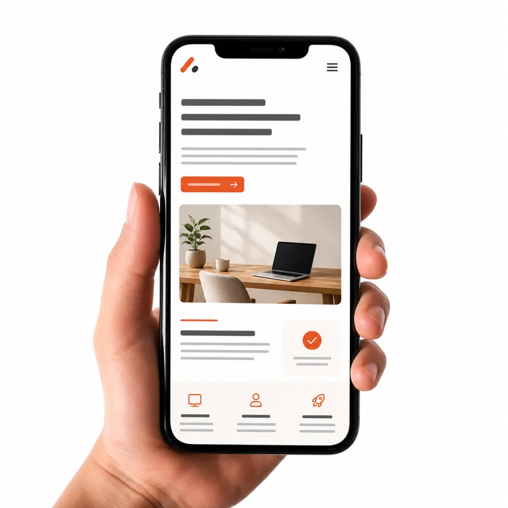 Hand houdt een telefoon vast met een gelanceerde website-interface