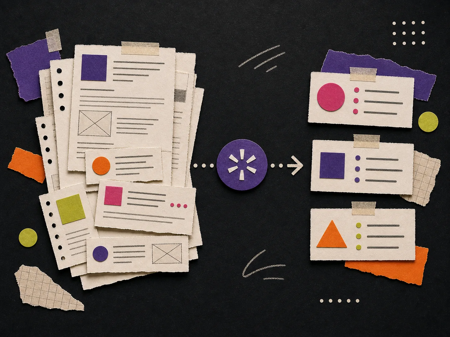 Papiercollage waarin documenten en aanvragen veranderen in AI-samenvattingen