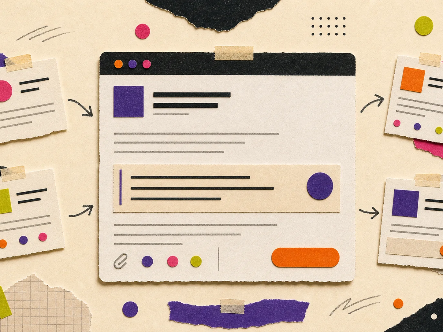 Papiercollage van een mailconcept met een rustige AI-suggestie