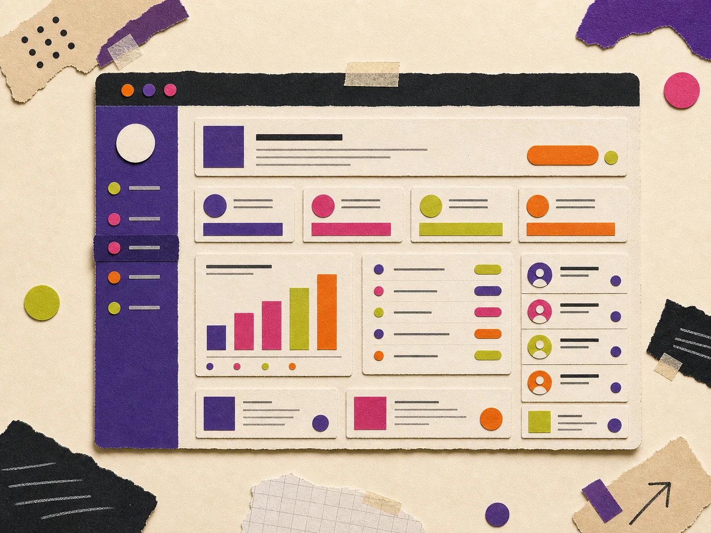 Papiercollage van een appdashboard met taken, grafieken en klantkaarten