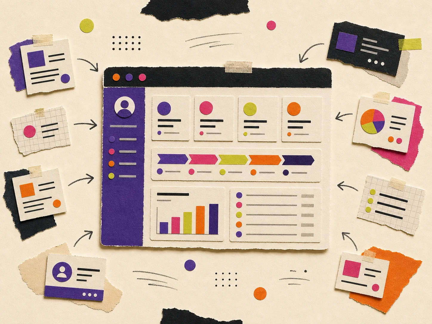 Papiercollage van een dashboard dat losse bedrijfsinformatie samenbrengt