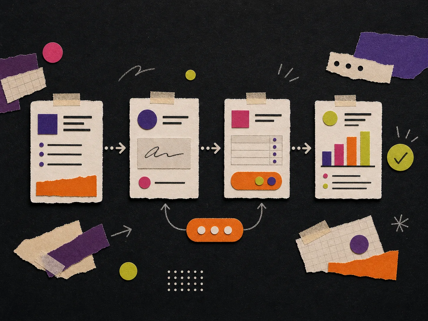 Papiercollage van een workflow die offerte, ondertekening, factuur en rapportage koppelt