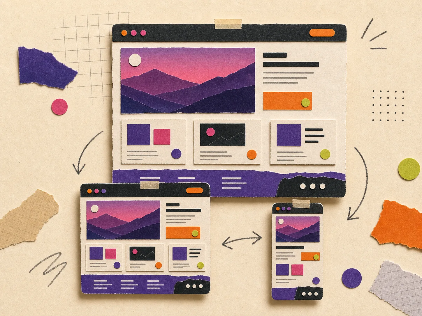 Papiercollage van een responsive website op desktop, tablet en telefoon